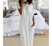Plus Size Slant Shoulder Dress - Vibrant Solid Color, Trendy Design, Short Sleeve, Long Length, Pocket Details - Perfect for Vac