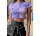 Chic Crop Tops Tees Tie Dye With Sequin Patchwork Women Summer T-shirts Ruffles Hem Purple Or Bule Clothes