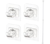 Barra de Toallero con Gancho Adhesivo, soportes para barra de cortina sin taladro, con barra de tensión, soporte para barra de cortina autoadhesivos, para el hogar, baño, cocina, barra de cortina blanca (30-50 cm)