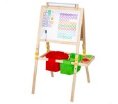WOOMAX - Pizarra infantil doble cara (negra y blanca magnética) + rollo de papel para escribir, 57x59x93 cm, incluye tizas, imanes educativos, borrador, rotulador, 2 cestas de almacenaje y 2 botes, caballete madera, diseño 3 en 1, juguetes niños 3 años