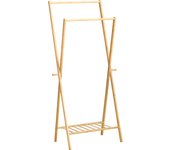 HOMCOM Perchero de Pie de Bambú Perchero con Estante para Zapatos Colgador de Ropa con 2 Barras y 2 Ganchos para Colgar para Pasillo Entrada Dormitorio 74x42x150 cm Natural