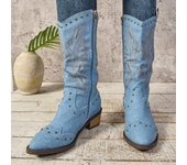 Blue Womens Boots with Low Heel Center Leg Pointed Toe Side Zipper Belt Buckle Tassel Totem Winter Non Slip Fashion Boots