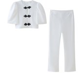 TRAFZA Women's Summer 2-piece Set Solid Color Puff Half-Sleeve Round Neck Shirt + Elegant Women's Zipper Mid-Rise Street Pants