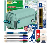 ColePack BitsBobs - Estuche Triple de 3 Cremalleras con Material Escolar Incluido. Azul Soft