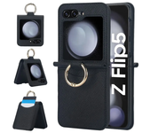 Cross Grain Leather Ring Phone Case for Samsung Galaxy Z Flip 6 5 4 3 Flip5 Flip4 Flip6 Wallet with Card Holder Shockproof Cover
