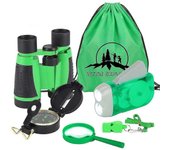 Outdoor adventure set, kids toy binoculars, flashlight, compass, whistle, magnifying glass, backpack. Kids gift set suitable for camping, hiking.