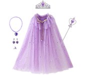 Girl Princess Costume Kids Party Accessories Cloak Crown Wand Necklace Earrings Rings Set Elsa Anna Rapunzel Aurora Tulle Cape