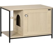 PawHut Caja de arena para gatos, gabinete, casa para gatos con puerta magnética, caja de arena, cueva para gatos con pelota de juguete, mesa auxiliar, diseño elevado, roble, 80 x 48 x 55 cm