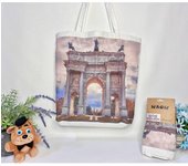 Bolso de hombro de compra con estampada de los dubujos paisaje con doble cara. tela loneta estampada dibujos personalizada.gran capacidad.dibujos madrid,barcalona,sol,portugal lisboa.sintra