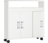 kleankin Armario de Baño con 2 Estantes Abiertos 3 Puertas y Balda Interior Ajustable Mueble Auxiliar de Almacenaje con Ruedas para Salón Cocina Dormitorio 70x20x71 cm Blanco