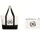 Blue and white porcelain black letter printed canvas beach bag, fashionable and trendy handbag, canvas shopping bag