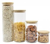 Set de 4 Tarros de cristal con tapa de bambú. 4 Botes de Cristal aptos para lavavajillas