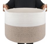 Canasta de Cuerda de Algodón, Cesta Para Guardar Mantas,51x51x34cm large Cesta Ropa Sucia Bebe,Cesta de Almacenaje de Juguetes,Cestas de Lavandía Tejadas Para Mantas-Blanco Marron