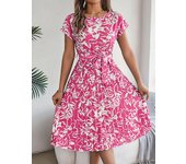 Casual Crew Neck Short Sleeve Floral Print Belted Dress, Women's Clothing