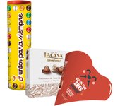 Set San Valentín - Megatubo Lacasitos 1,5 Kg "Te Quiero" + Bombones Corazón Mr. Wonderful (Color y Frase) - Romántico y Dulce - Marca Lacasa S.A. - Box de Chocolates Decorativo para Regalo