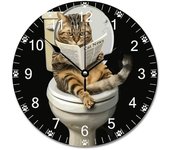 Gato en el inodoro con periódico Reloj de pared grande de madera de granja vintage, funciona con pilas, de 10 pulgadas, sin tictac, para sala de estar, cocina, decoración de dormitorio