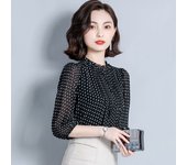 Women Spring Autumn Style Chiffon Blouses Shirts Lady Casual Long Sleeve O-Neck Polka Dot Printed Chiffon Blusas Tops DD8879