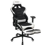 SONGMICS Silla Gaming, Silla Racing Ergonómica, Silla Giratoria de 360°, con Reposapiés, Reposacabezas, Cojín Lumbar y Respaldo Alto, Cuero Sintético, Altura Ajustable, Negro y Blanco
