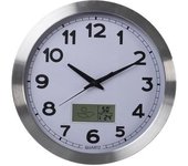 Perel Reloj de Pared, Redondo, analógico, 35 cm, Pantalla LCD con termómetro, higrómetro y disposiciones meteorológicas, Aluminio, Plata