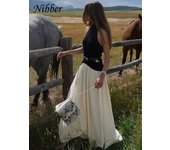Nibber Contrast Patchwork Dress Women Halter Backless Sleeveless Pleats Hem Vacation Trend Casual Stretch Basic Long Bodycon