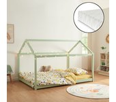 Cama para niños Cerro en forma de casa con colchón pino 140x200cm - Verde [en.casa]
