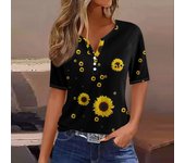 Fashion Women's Summer T-Shirts Sunflower Printed Loose Casual Short Sleeve TShirts Button V-Neck Basic Tops Ropa Para Mujer