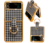 Luxury Plating Gold Ring Cover for Samsung Z Flip 5 Flip 3 PU Leather Houndstooth Bling Diamond Case for Samsung Galaxy Z Flip 4