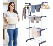Tendedero de ropa plegable de pie, 4 capas, gran capacidad, con ruedas y correa móvil, para dormitorio, toallero exterior, adecuado para balcón y dormitorio