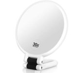 Espejo de mano, espejo de aumento de 30X con soporte, espejo de aumento de doble cara con aumento de 30X/1X, mango ajustable de 360°, espejo de maquillaje portátil de viaje, blanco