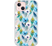 Funda compatible con iPhone 13 - Patron flores y plumas azules