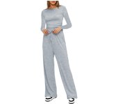 Casual suit with pleats new product solid color long sleeved top high waist wide leg pants sportswear