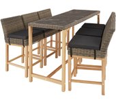 Tectake - Mesa de bar de ratán Lovas con 6 sillas Latina  Elegante conjunto de muebles de bar  Dos tableros extraíbles de porcelanato gres marmolado  Fino trenzado de ratán sintético de calidad con protección UVA
