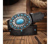 Western Cowboy PU Leather Belt - Men Waist Strap Bull Decoration Floral Engraved for Jeans