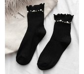 1 Pair Women's Mid Length Socks Pearl Decoration Fashion Pleated Pile Up Socks Lace Lace Lolita Jk Versatile Girls' Cotton Socks