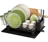 - Escurridor de Platos de Gran Capacidad para Encimera de Cocina, Escurreplatos de Acero Inoxidable con Soporte para Utensilios y Tapete para Secar, Color Negro