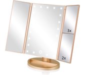 Espejo de maquillaje de vanidad iluminado de 3 pligues, aumento de 1X/2X/3X, Espejo de Mesa Brilliant de 21 LED with Pantalla tacthil, rotación ajustable de 180