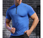Men's Fitness Ice Silk Sports Tight Tops Running Training Dry Fit Short Sleeve with Half Zip Bodybuilding Tee Muscle Fit T-shirt