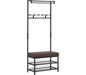 HOMCOM Perchero Metálico de Pie con Asiento Acolchado Estante para Zapatos y Colgador de Ropa para Entrada 72.5x35x180cm Negro