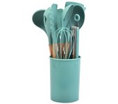 Utensilios de cocina de silicona con mango de madera, juego de ollas antiadherentes, Cubo de almacenamiento, 12 piezas