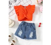 Baby Girls Summer Solid Color Flying Sleeve Lace Sleeve Design V-Neck Top With Ripped Pockets Elasticated Waist Baggy Jeans