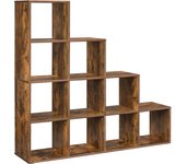 VASAGLE EstanterÍa en forma de escalera de almacenamiento con 10 cubos, Estante de exhibiciÓn de madera, de pie, Ideal para estudio, sala de estar y dormitorio, Blanco/Marrón Caramelo/Marrón Rústico