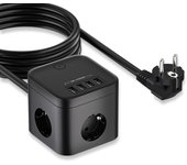 EU Plug Power Strip Cube Multi Plug with 3 AC Outlets 4 USB Port, Multi Electrical Socket 2M Extension Cable with Switch