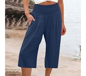 Women's Casual Pants Wide Leg Cropped Pants Cotton and Linen Waist Cover Comfortable Casual Thin Wide Leg Cropped Pants