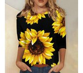 Yellow Sunflower Flower Print Blouse For Women Summer Vintage Casual Holiday Short Sleeve O Neck T-Shirts Top 2024 Clothes