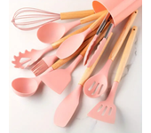 Juego De 12 Piezas De Utensilios De Cocina Calor Resistant With Manija De Madera Y Silicona No Adherente Espátula Y Cuchara Para Sartén Multicolor