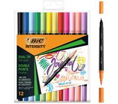 BIC Intensity Dual Tip Rotuladores de Colores Clásicos y Pastel con Punta Fina y Punta de Pincel Flexible - Colores Surtidos, Caja de 12 Unidades