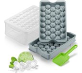 Bandejas redondas para cubitos de hielo para congelador con tapa y recipiente, 64 moldes pequeños de 2 cm para hacer bolas de hielo con cubo y cuchara, mini bandeja circular para cócteles, whisky, café y comida para bebés.