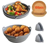 MANAWA TEA Molde Silicona Freidora De Aire, Antiadehrente, Molde Silicona Air Fryer Plegable + Dos Guantes silicona + 100 Moldes de papel, Resistente Altas Temperaturas.