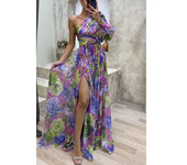 Women's Autumn Long Sleeved Waist Tied Casual Print Slit Dress with Slanted Collar and Off Shoulder Holiday Party Fashion Dress