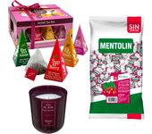 Pack Balsámico: MENTOLIN ARANDANO S/A BOLSA 1KG + Vela perfumada en vidrio rosa de silicona 170 g + Caja de Té Joyfull con variedad de sabores